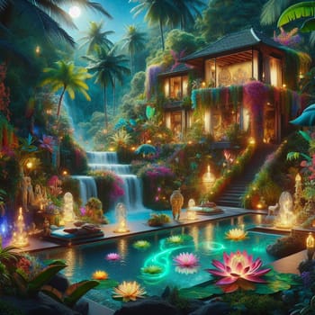 A 3D illustration of a mystical, tropical garden with a waterfall, a pool, and glowing lights. The scene is filled with a sense of peace and tranquility, with lotus flowers. A high-quality photo.