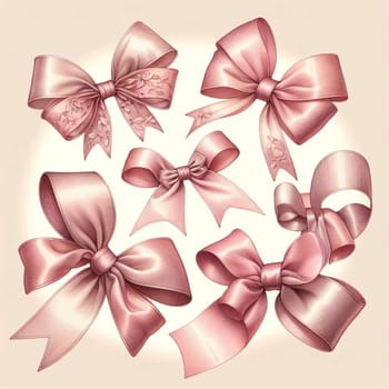 A set of pink satin bows with different designs. The bows are rendered in a realistic style with detailed textures and shading. A high-quality photo.