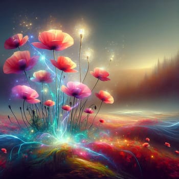 A field of pink poppies with a magical glow. The flowers are surrounded by swirling lights and a misty forest in the background. A high-quality photo.