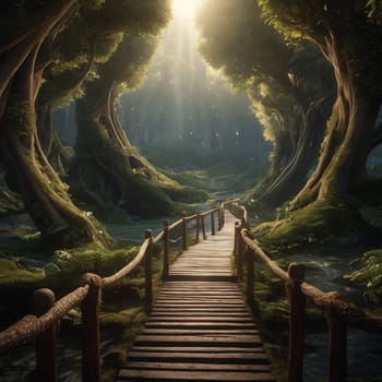 A wooden bridge leads through a lush forest with sunlight streaming through the trees. The scene is peaceful and serene with a sense of mystery. A high-quality photo.