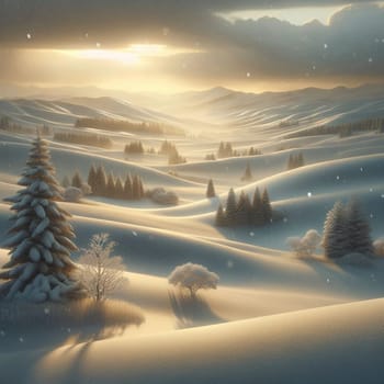 A snowy landscape with a sunrise in the background. The scene is peaceful and serene with a sense of tranquility. A high-quality photo.