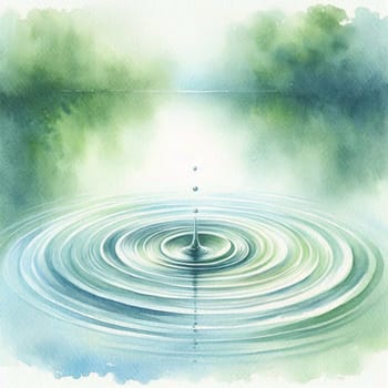 A watercolor painting of a water drop creating ripples in a still pond. The scene is surrounded by soft, green foliage. A high-quality photo.