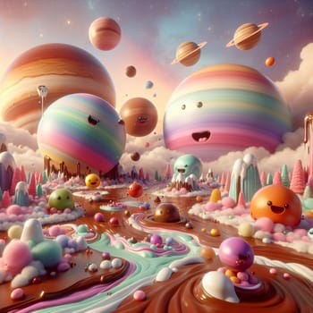 A whimsical landscape with colorful planets, candy-like mountains, and a river of chocolate. The scene is playful and imaginative with a sense of fun. A high-quality photo.