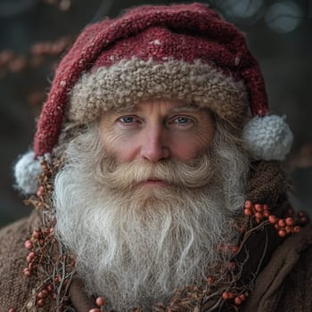A man wearing a red Santa hat adorned with berries and foliage stands outdoors exuding a warm holiday spirit in a natural setting.