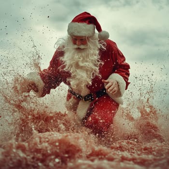 A man dressed as Santa Claus joyfully splashes through muddy water on a cloudy day embodying the festive spirit and fun.