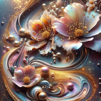 A 3D illustration of two white flowers with golden centers, surrounded by a swirling, colorful background. The flowers are delicate and elegant, with a soft, ethereal glow. A high-quality photo.