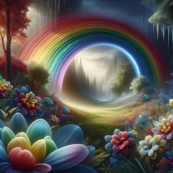A rainbow archway in a forest clearing, surrounded by colorful flowers. The scene is magical and enchanting with a sense of wonder. A high-quality photo.