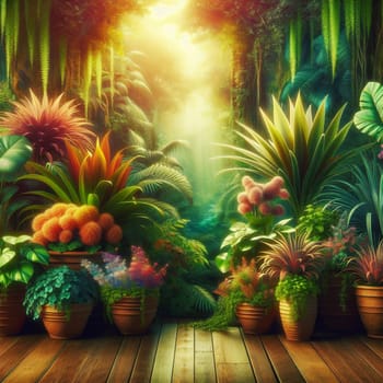 A 3D illustration of a lush tropical garden with potted plants and a wooden walkway leading to a hidden path. The scene is filled with vibrant colors and a sense of mystery. A high-quality photo.