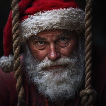 An older man wearing a red Santa hat gazes intently while hanging from ropes in a rustic setting during winter.