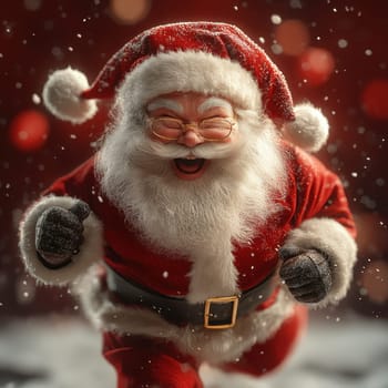 Santa Claus is happily running through a snowy landscape spreading holiday cheer in a festive atmosphere with falling snowflakes.