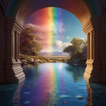 A rainbow archway leads to a peaceful landscape with a pool of water and a mountain range in the background. The scene is serene and inviting with a sense of peace. A high-quality photo.