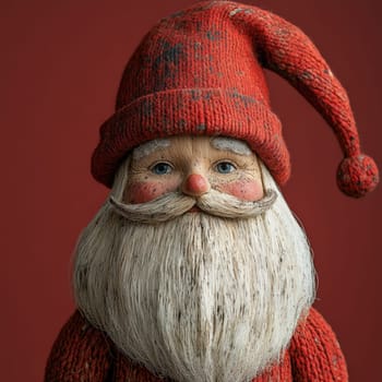 A handcrafted Santa figure features a textured red knit hat and a white beard exuding a cozy holiday spirit in front of a red backdrop.