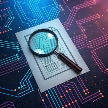 A magnifying glass is placed on a sheet of paper with a blueprint design, representing the concept of exploration and analysis. A high-quality photo.