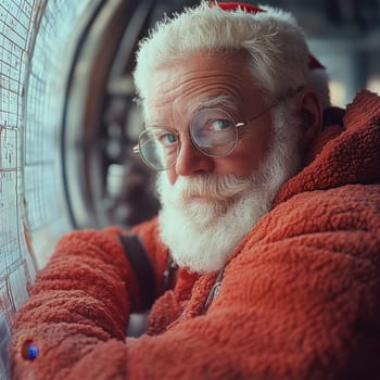 A cheerful man with a white beard and glasses enjoys winter scenery from a cozy indoor setting while wearing a red outfit.