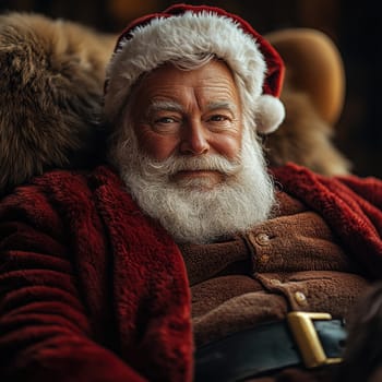 A joyful man with a white beard and red suit sits comfortably exuding warmth and holiday spirit in a festive setting.