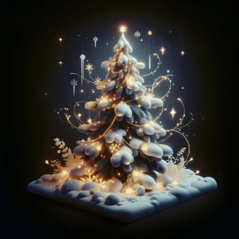 A snowy Christmas tree decorated with lights, ornaments, and snowflakes. The scene is set in a snowy landscape with a dark background. A high-quality photo.