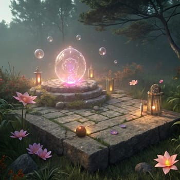 A 3D rendering of a magical forest scene with a glowing orb resting on a stone platform. The orb is surrounded by floating bubbles and illuminated by lanterns. A high-quality photo.