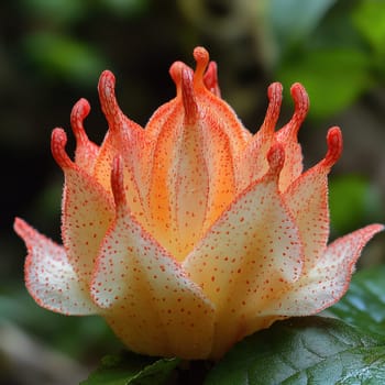 A unique flower with orange tips and cream petals blossoms amidst lush green foliage in a vibrant natural setting.
