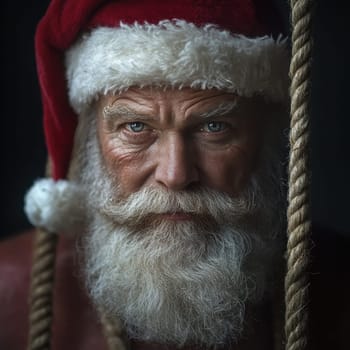 A bearded man dressed as Santa Claus shows a wise expression embodying the festive spirit in a cozy winter environment.