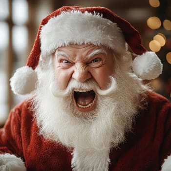 A jolly Santa Claus with a fluffy beard joyfully exclaims in a cozy holiday setting filled with decorations.