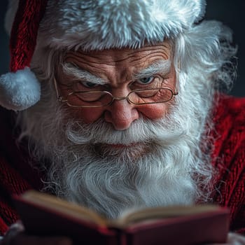 A joyful Santa Claus with glasses intently reads a book by the warm glow of candlelight captured in a cozy atmosphere filled with holiday spirit.