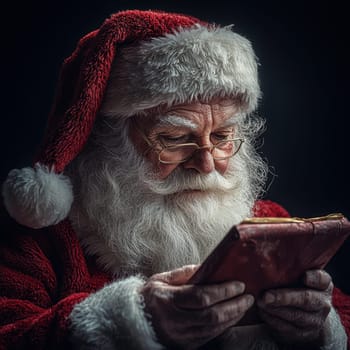 Santa Claus meticulously examines a list with warmth and focus surrounded by a cozy atmosphere during the holiday season.