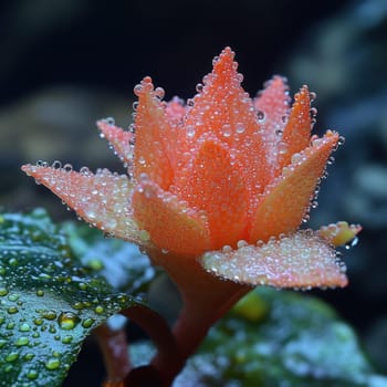 A delicate pink flower with water droplets sits among green leaves showcasing its stunning petals and natural beauty in a close up view.