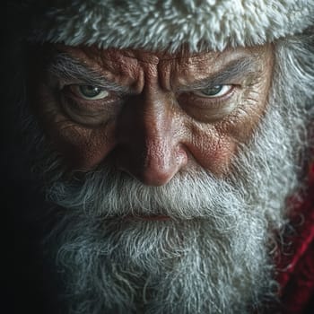 A wise Santa Claus gazes intensely showcasing his character and emotion in a winter setting with rich details and deep textures.
