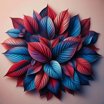 A collection of blue and red leaves arranged in a circular pattern. The leaves are rendered in a realistic style with detailed textures and shading. A high-quality photo.