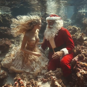 In an underwater setting Santa converses with a mermaid creating a magical festive encounter amid coral reefs.