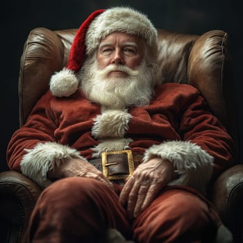 A bearded elderly man dressed as Santa Claus sits comfortably in an armchair embodying a festive atmosphere during winter time.