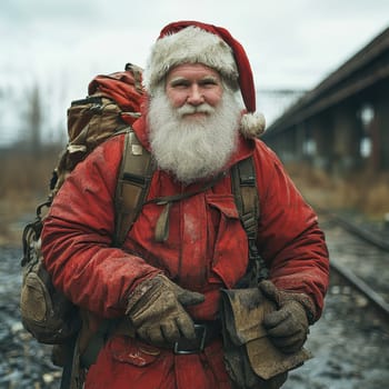 A bearded man dressed as Santa is standing by railroad tracks wearing a red outfit with a backpack surrounded by a winter landscape.