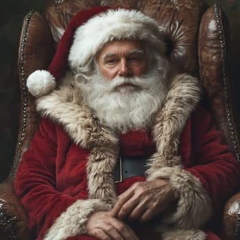 Santa Claus sits comfortably in a vintage armchair wearing his iconic red suit and hat exuding warmth and holiday spirit.