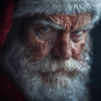 An older man with a white beard and a red hat gazes intensely showcasing deep wrinkles and a thoughtful demeanor during winter.