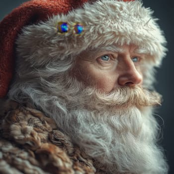A man dressed as Santa Claus gazes thoughtfully with a snowy background capturing the spirit of the holiday season during winter.