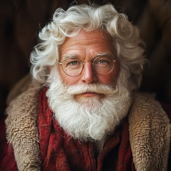 An elderly man with curly white hair and a full beard wears glasses and a warm textured coat in a comfortable environment.