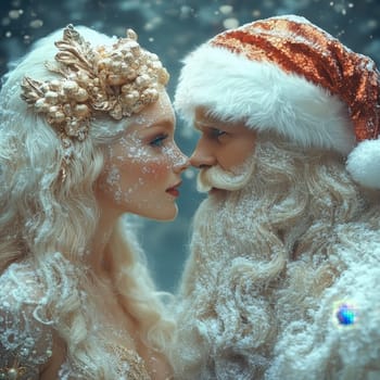 A magical moment unfolds as Santa and a fairy share a gentle stare amidst snowflakes in a serene winter landscape.