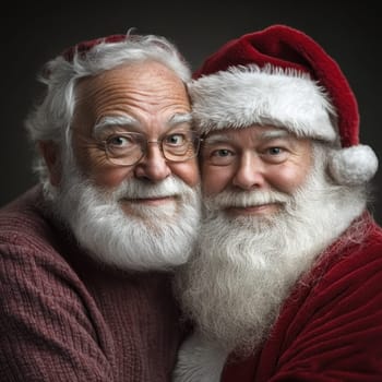 Two cheerful men with white beards share a warm embrace while dressed for the Christmas season showcasing joy and camaraderie.