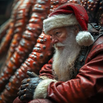 A bearded Santa Claus in a red suit sits thoughtfully beside a giant octopus surrounded by an enchanting atmosphere at dusk.
