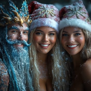 Three joyful friends enjoy a winter celebration while wearing Christmas hats and smiling amidst a snowy backdrop.