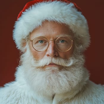A bearded man dressed as Santa Claus wears round glasses and a red and white hat creating a festive atmosphere during the holiday season.