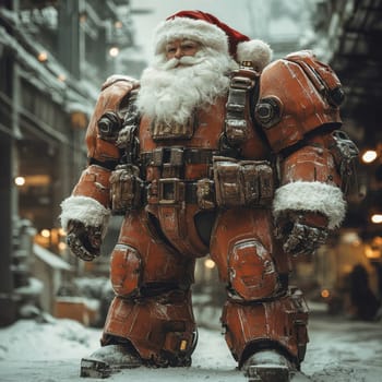 A large figure resembling Santa Claus walks through a snowy urban area wearing a high tech suit and a festive hat amidst the winter setting.