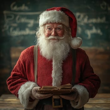 Santa Claus smiles while reading a book in a warm inviting workshop filled with holiday spirit during winter.