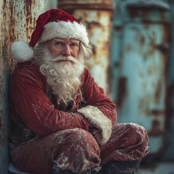 An elderly man dressed as Santa Claus sits in a rustic snowy environment reflecting quietly amidst aged and rusted surroundings.