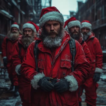 A group of men dressed as Santa Claus stands together in an urban alley showcasing their festive outfits amid a wintry atmosphere.