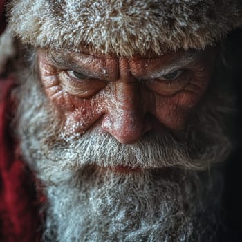 An elderly man with a long white beard and a textured Santa hat gazes intently showcasing weathered features and a frosty beard.
