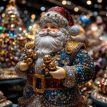 A colorful Santa Claus figurine decorated with intricate details stands out among holiday decorations reflecting the joyful atmosphere of the season.