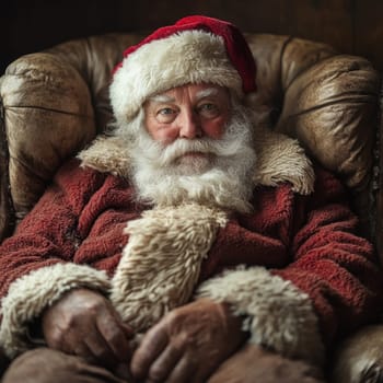 An elderly man wearing a Santa suit sits comfortably in a well worn chair surrounded by a warm and inviting atmosphere of holiday spirit.