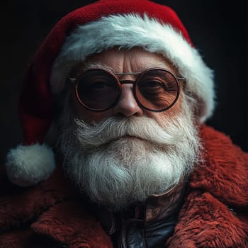 An elderly man wears a Santa hat and round glasses showcasing a long white beard while dressed in a warm coat.
