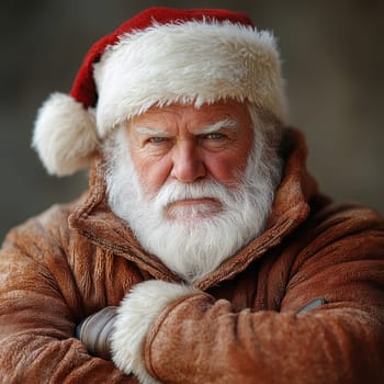 A jolly figure dressed as Santa stands with crossed arms conveying a serious demeanor dressed warmly for winter conditions.